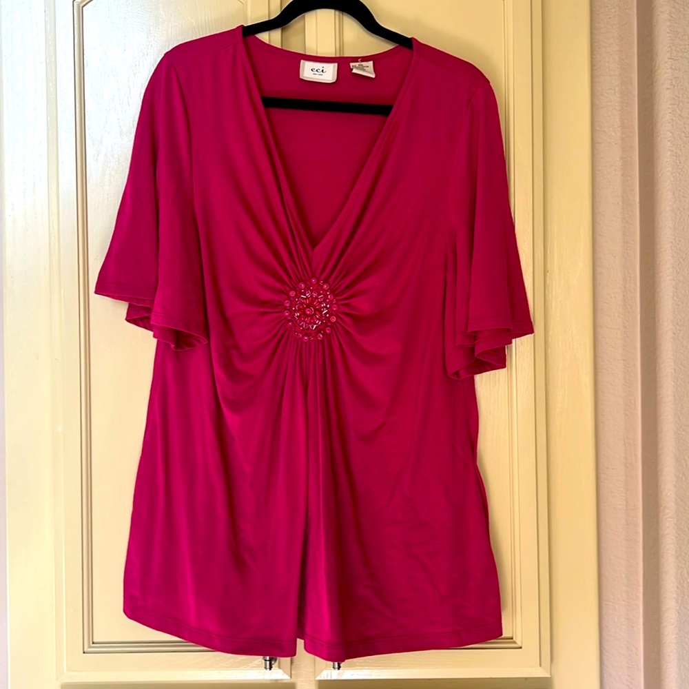 ECI hot pink, 2x v- neck blouse with bling/ beads. Smoke free, clean home
